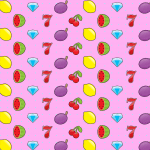 slot symbols like watermelon, cherries, diamonds pon a pink background